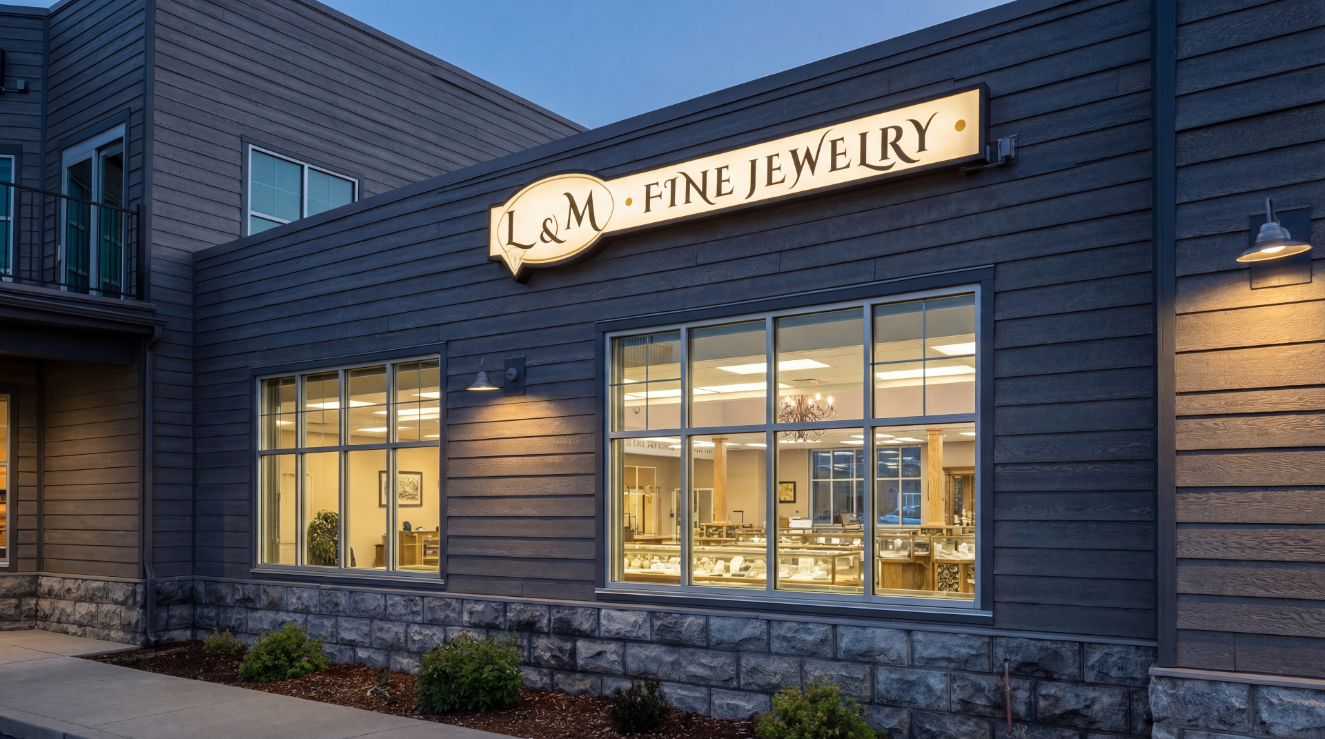 L&M Fine Jewelry Kalispell storefront at dusk